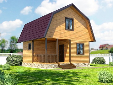 Баня из бруса 6×6 с террасой и мансардой (Б-27), 36 м² Баня из бруса 6×6 с террасой и мансардой (Б-27), 36 м²