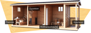 Мобильная баня 2.3×6 с крыльцом, 13.8 м²