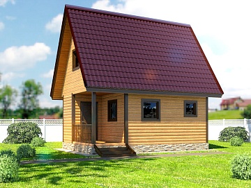 Баня из бруса 6×4 с террасой и мансардой (Б-18), 24 м² Баня из бруса 6×4 с террасой и мансардой (Б-18), 24 м²